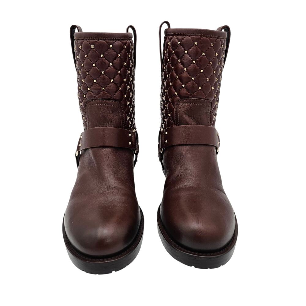 Valentino Garavani Rockstud Quilted Moto Harness Boot Brown Leather 40 US 10 - Picture 3 of 11